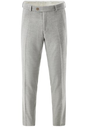 Graue maßgeschneiderte Hose mit strukturierter Oberfläche, ausgestattet mit einem Knopfverschluss und zwei vorderen Falten, entworfen für eine taillierte Silhouette.