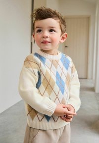 Crème trui met een blauw en bruin ruitpatroon, geribbelde kraag en manchetten, gecombineerd met beige broek. Zachte textuur, casual ontwerp.