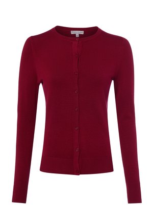 Cardigan bordeaux a maniche lunghe con bottoni, scollo rotondo e polsini e orlo a coste, mostrato su sfondo bianco semplice.