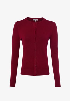 Dunkelroter Langarm-Strickjacke mit Knopfleiste, rundem Halsausschnitt sowie gerippten Bündchen und Saum, gezeigt vor weißem Hintergrund.