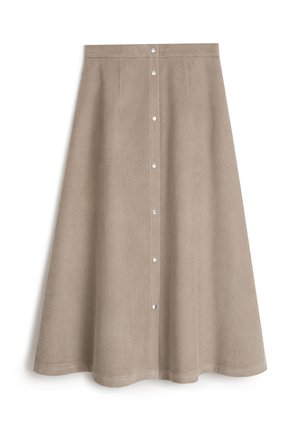 Midi spódnica z kordurowej tkaniny w jasnobrązowym kolorze, charakteryzująca się pionowym prążkowanym wzorem, rozkloszowanym krojem oraz białymi guzikami zapinanymi z przodu.