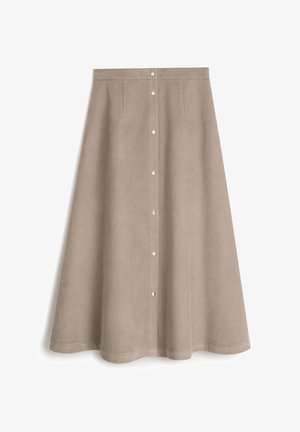 Midi spódnica z kordurowej tkaniny w jasnobrązowym kolorze, charakteryzująca się pionowym prążkowanym wzorem, rozkloszowanym krojem oraz białymi guzikami zapinanymi z przodu.