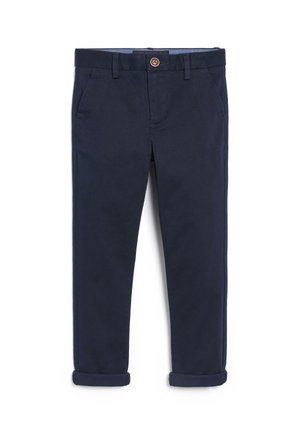 Navy blue slim-fit pants with cuffed hems, front button closure, belt loops, and side pockets, displayed flat on a white background.