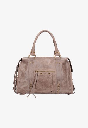 Borsa a tracolla beige in similpelle con superficie strutturata, due manici superiori, componenti in metallo color oro, tasca frontale con zip e nappine laterali regolabili.