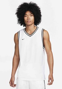 Hvid ærmeløs basketballtrøje med sorte detaljer og V-hals; har mesh tekstur og Nike-logo på brystet.