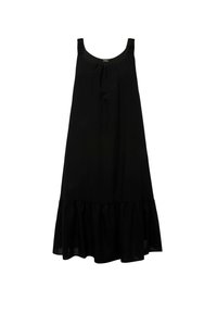Schwarzes ärmelloses Kleid mit runder Ausschnitt, gerafften Details und einem Rüschensaum. Hergestellt aus leichtem Stoff, hat es eine fließende Form.