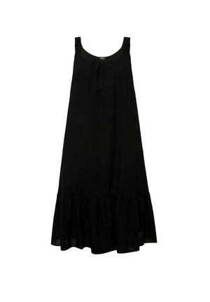 Zwart mouwloos jurkje met een ronde halslijn, geplooide details en een geschulpt zoom. Gemaakt van lichte stof, heeft het een vloeiende vorm.