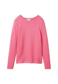 Rosa Langarmpullover aus geripptem Stoff mit weitem Rundhalsausschnitt und geradem Saum. Besitzt eine weiche, strukturierte Oberfläche.