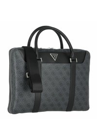 Sacoche pour ordinateur portable à motif gris avec des accents en cuir noir, deux poignées supérieures, une bandoulière amovible et une plaque de logo. Fermeture éclair avec un design élégant.
