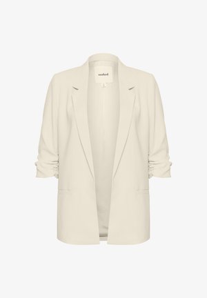 Beige Blazer mit strukturiertem Design, weichem Stoff, offener Vorderseite, hochgekrempelten Ärmeln, zwei vorderen Taschen und einem Innenetikett mit der Aufschrift "soaked".