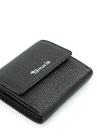 Black textured leather wallet with a snap closure, embossed "Tamaris" logo on the front, and a compact rectangular design.