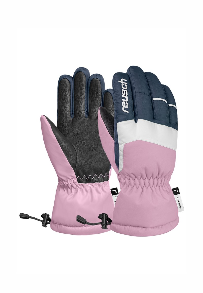 Pink winter gloves with a black leather palm, navy blue fingers, and white accents. Includes elastic wrist with a toggle for a secure fit.