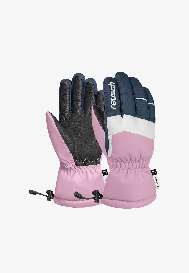 Gants d'hiver roses avec une paume en cuir noir, des doigts bleu marine et des accents blancs. Comprend un poignet élastique avec un cordon de serrage pour un ajustement sécurisé.