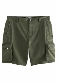Shorts cargo kaki avec deux poches latérales zippées, passants pour ceinture et fermeture à bouton. Confectionnés dans un tissu durable et léger.