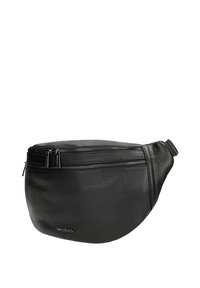 Marsupio in pelle nera con superficie texturizzata, dotato di due scomparti con zip e una tracolla regolabile per una vestibilità sicura.