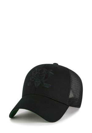 Black cap with a solid front and mesh back. Features an embossed logo on the front, curved visor, and green underside of the visor.