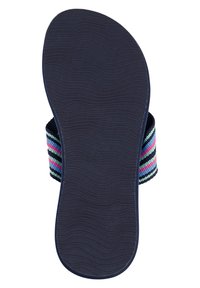 Suola blu scuro con texture a onda; fasce in tessuto multicolore a righe nei colori blu, rosa e nero. Design resistente e leggero.