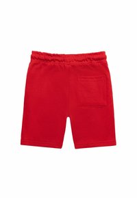 Rote Baumwollshorts mit einem elastischen Bund, ausgestattet mit einer einzelnen Gesäßtasche und einer glatten Textur. Keine sichtbaren Muster oder Hardwaredetails.