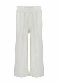 Białe, prążkowane spodnie o szerokim kroju z gładkiej, miękkiej tkaniny. Elastyczny pasek w talii zapewnia komfort i łatwość noszenia.