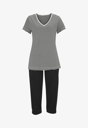 Haut à col en V rayé noir et blanc avec des manches courtes, associé à un pantalon cropped noir uni. Matière en mélange de coton, coupe décontractée.