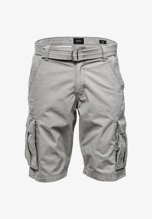 Gray cargo shorts with a belted waist, multiple side pockets, and a textured fabric; designed for comfort and utility.