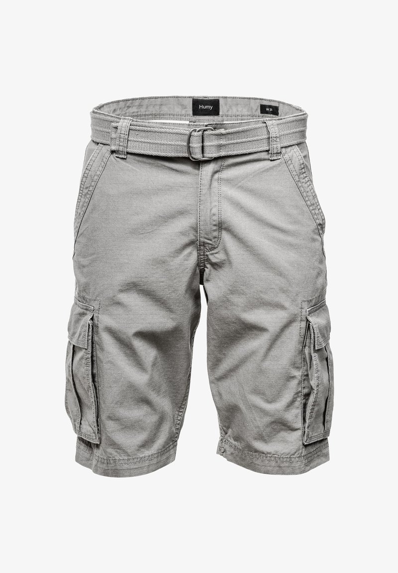 Graue Cargo-Shorts mit einem Gürtelbund, mehreren Seitentaschen und einem strukturierten Stoff; entworfen für Komfort und Funktionalität.