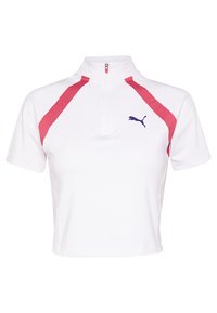 Bílý zkrácený polo tričko s krátkými rukávy, s růžovými akcenty na ramenou a čtvrtinovým zipem. Fialové logo na hrudi.