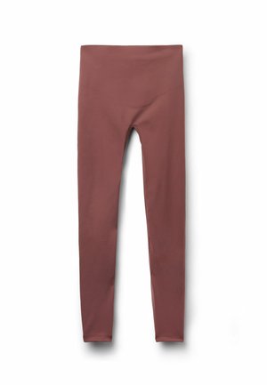 Hoch taillierte, durchgehende Leggings in einfarbigem Mauve, aus glattem, dehnbarem Stoff ohne sichtbare Nähte oder Verzierungen.