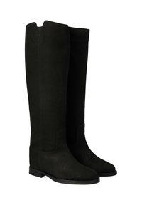 Bottes noires jusqu'aux genoux en daim doux. Texture lisse, bout arrondi et semelle plate. Présente une couture subtile le long des côtés.