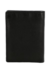 Black leather wallet with a smooth texture, bi-fold design, and contrast stitching. Compact rectangular shape with no visible hardware.