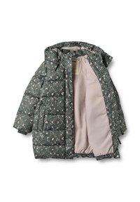 Quilted dark green puffer jacket with pink floral print, elastic cuffs, and hood. Lined with light pink fabric, featuring snap closure.