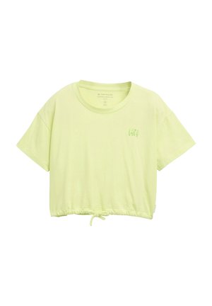Zugelässiges limettengrünes T-Shirt, mit rundem Halsausschnitt, kurzen Ärmeln und einem Kordelzugsaum. Präsentiert ein strukturiertes "Hi!"-Design auf der Vorderseite.