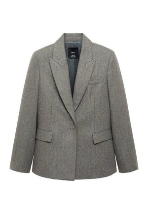 Grå enkeltknaps blazer med brede slag, to forlommer med klap og en brystlomme, lavet af struktureret stof.