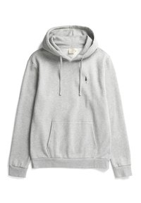 Felpa grigia con cappuccio realizzata in tessuto misto cotone. Presenta una tasca frontale a marsupio e una piccola grafica di un albero nero sul petto sinistro.