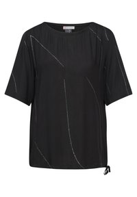 Top nero a maniche corte con scollatura rotonda, caratterizzato da strisce diagonali argentate e un dettaglio con nodo sul lato. Tessuto morbido e leggero.