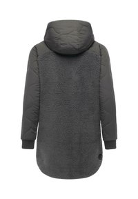 Lång, huvor jacket med kviltad grå tyg på ärmar och rygg, med en fluffig mörkgrå fleecekropp och ribbade muddar.