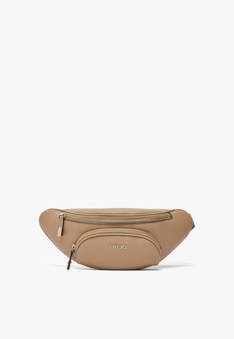 Sac banane en cuir beige avec deux compartiments zippés, une petite poche avant ornée du logo "LIU JO" en lettres dorées.