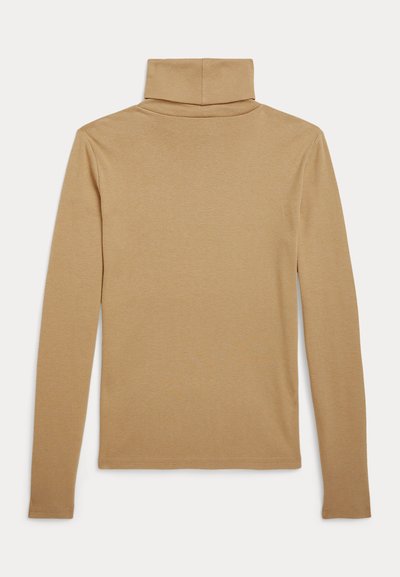 T-shirt beige à manches longues avec col roulé, tissu uni et lisse, col plié, présenté à plat de dos.