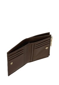 Braune Leder-Bifold-Geldbörse mit mehreren Kartenfächern, einem Druckknopffach auf jeder Seite und einem Reißverschluss-Münzfach.