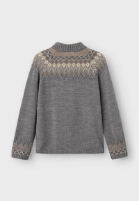 Grijze gebreide trui met een geblokt patroon in beige en crème, voorzien van een geribde halslijn en boorden. Soepele textuur, casual pasvorm met lange mouwen.