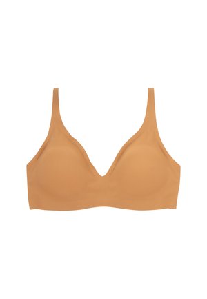 Soutien-gorge en tissu beige côtelé avec un décolleté en V profond, des bretelles ajustables et une texture lisse, doté de bonnets moulés doux.