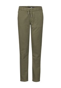 Olijfgroene broek met een trekkoord in de taille. Gemaakt van een katoenachtige stof, met een gladde textuur en een taps toelopend ontwerp.