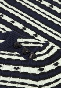 Gebreid sweater met marineblauwe, zwarte en crèmekleurige strepen, met een gestructureerd oppervlak en drie zwarte hartvormige knopen bij de halslijn.