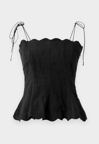 Top in lino nero con corpetto aderente, scollatura a onda e spalline regolabili. L'orlo svasato crea una silhouette fluida.