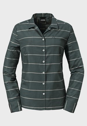 Camicia button-up verde scuro con righe orizzontali grigie, maniche lunghe, colletto e bottoni bianchi. Presenta polsini doppi e un logo sul petto.