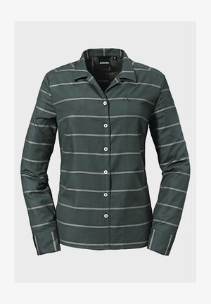 Camicia button-up verde scuro con righe orizzontali grigie, maniche lunghe, colletto e bottoni bianchi. Presenta polsini doppi e un logo sul petto.