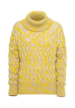 Dicker Strickpullover mit einem gelben und cremefarbenen Karo-Muster, mit hohem Rollkragen sowie gerippten Bündchen und Saum.