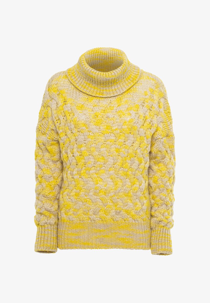 Maglione lavorato a maglia grossa con un motivo a trama a cesta giallo e crema, dotato di un alto collo a imbuto e polsini e orlo a coste.