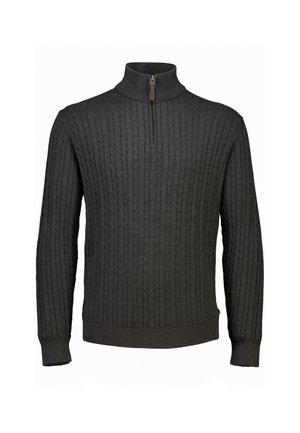 Ciemnoszary sweter dzianinowy z półzamkiem, z prążkowaną teksturą i dopasowanym kołnierzem. Projekt zawiera pionowe wzory w kabli.