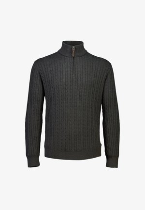 Ciemnoszary sweter dzianinowy z półzamkiem, z prążkowaną teksturą i dopasowanym kołnierzem. Projekt zawiera pionowe wzory w kabli.